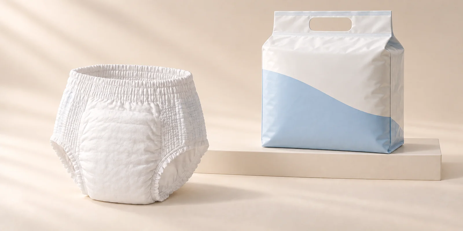 Illustrative adult diaper pants samples with an unbranded pastel pack.