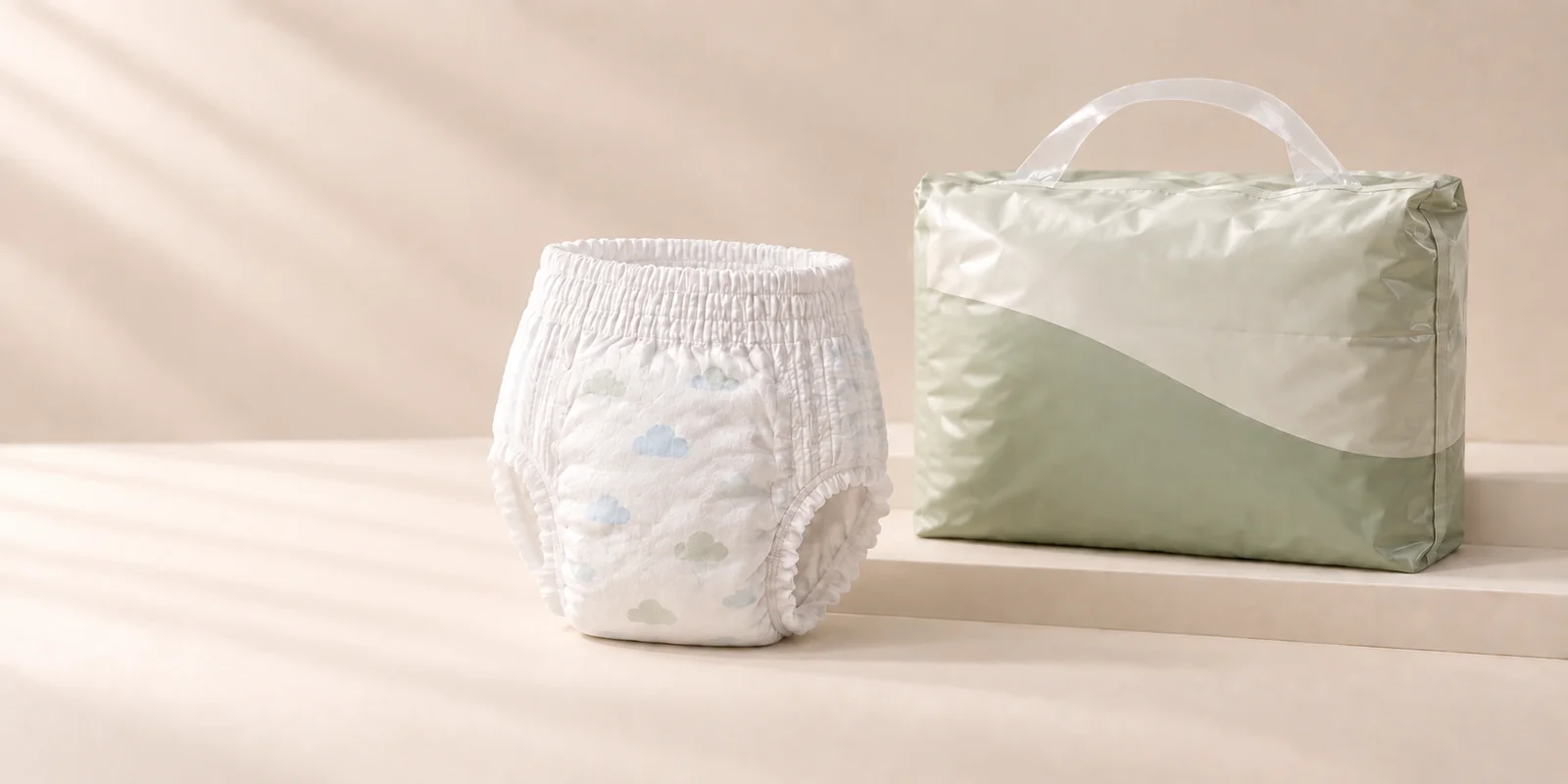 Illustrative baby diaper pants samples with an unbranded pastel pack.