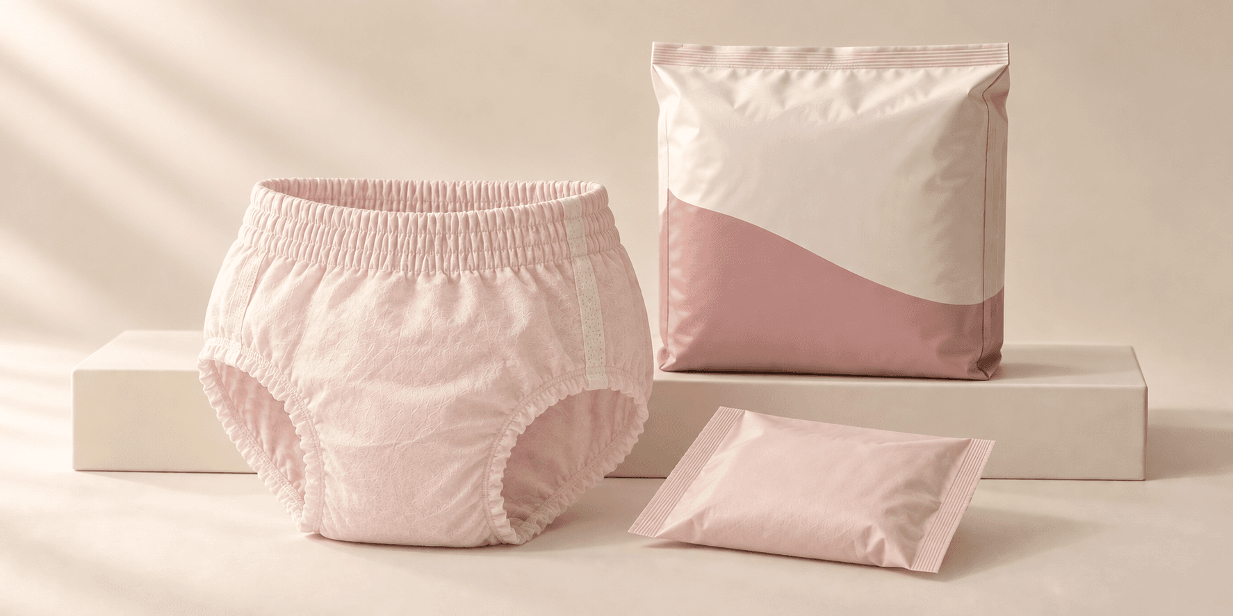 Illustrative period pants samples with an unbranded pastel pack.