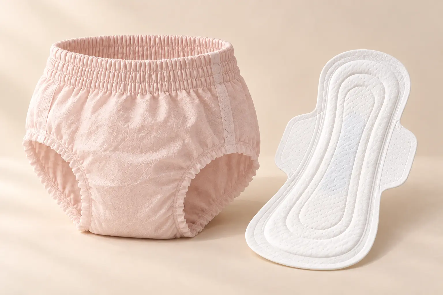 Blush disposable period pants beside a long white winged overnight pad.