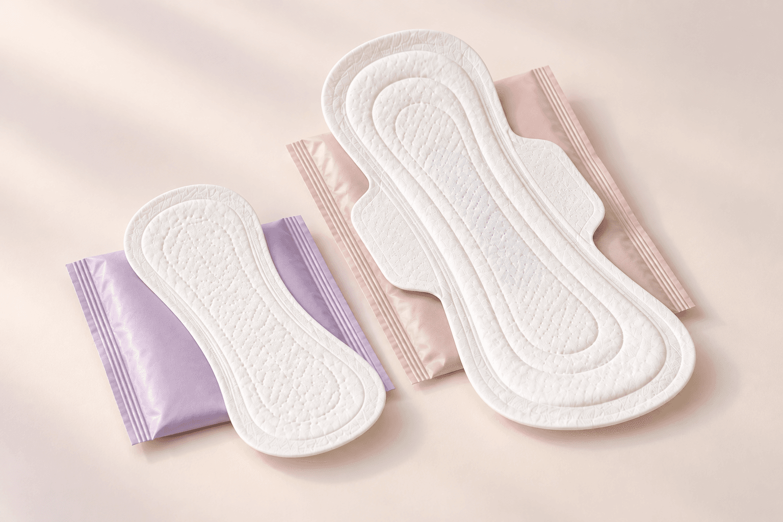 A slim panty liner and a longer winged pad with lavender and blush individual wrappers.