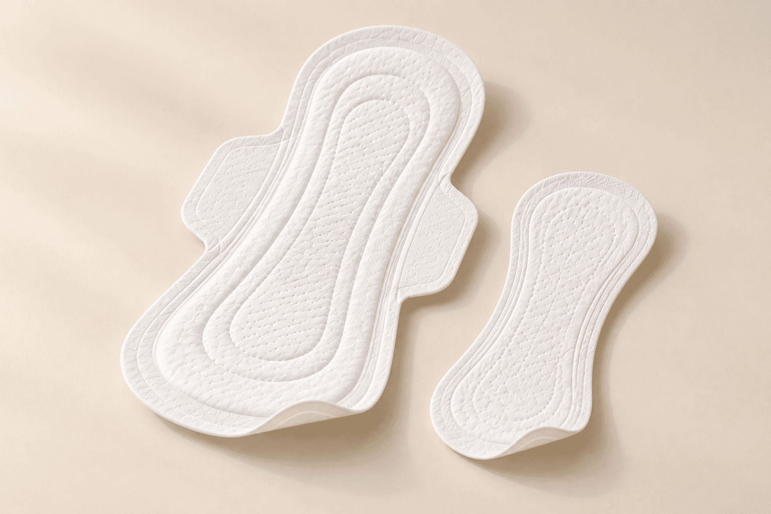 A winged sanitary pad beside a smaller, thinner panty liner on a warm ivory background.