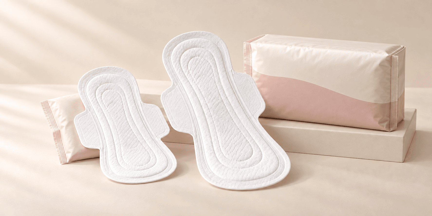 Illustrative sanitary pads samples with an unbranded pastel pack.