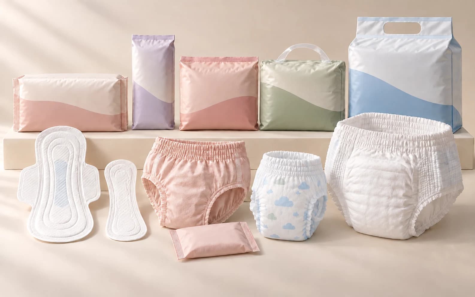 Illustrative OEM product range: sanitary pad, panty liner, period pants, baby diaper pants and adult diaper pants with pastel sample packs.