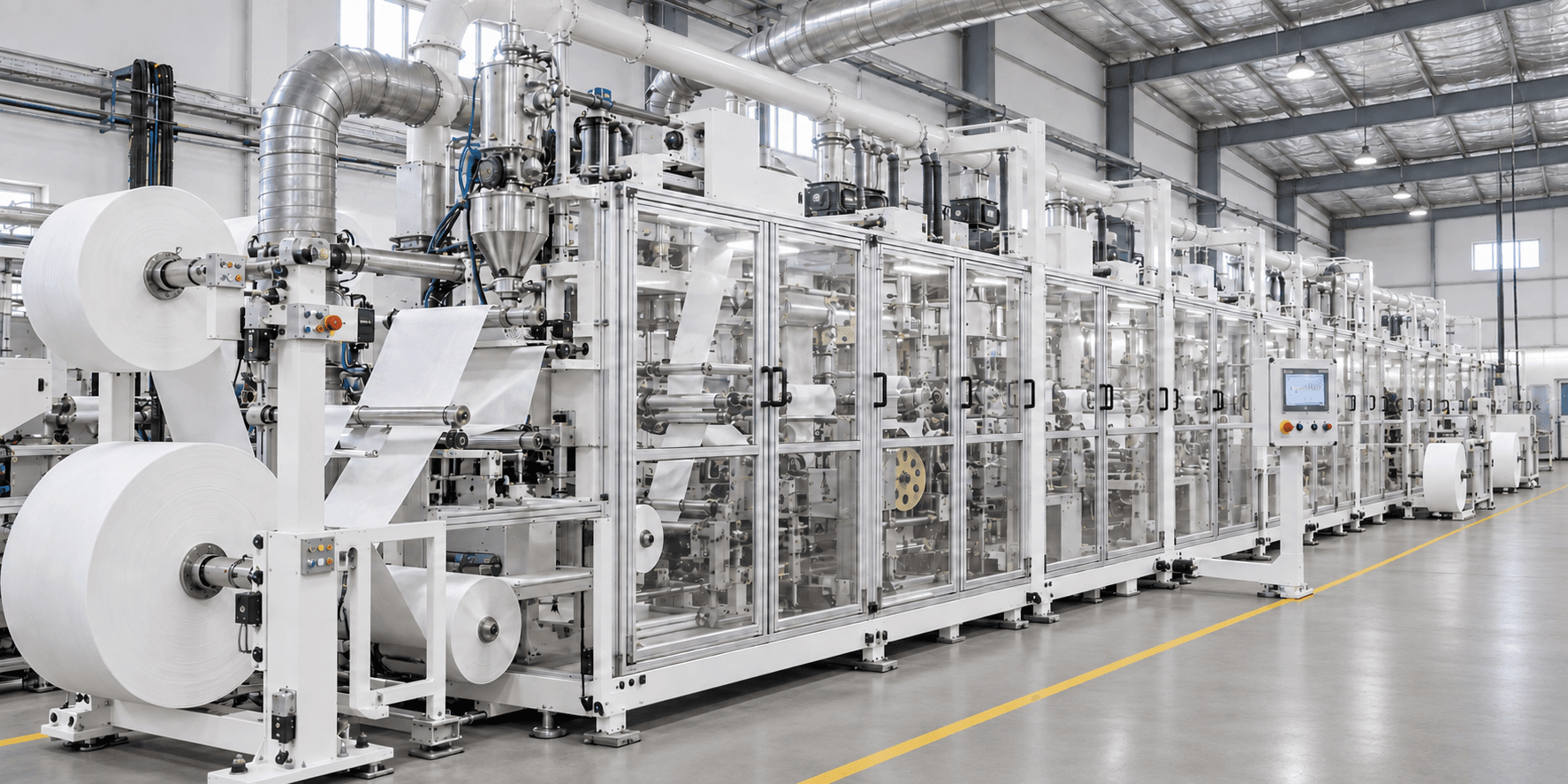 Illustrative Indian factory with a white diaper production line, white walls, foil-faced roof insulation and smooth laser-screeded, densified concrete flooring.