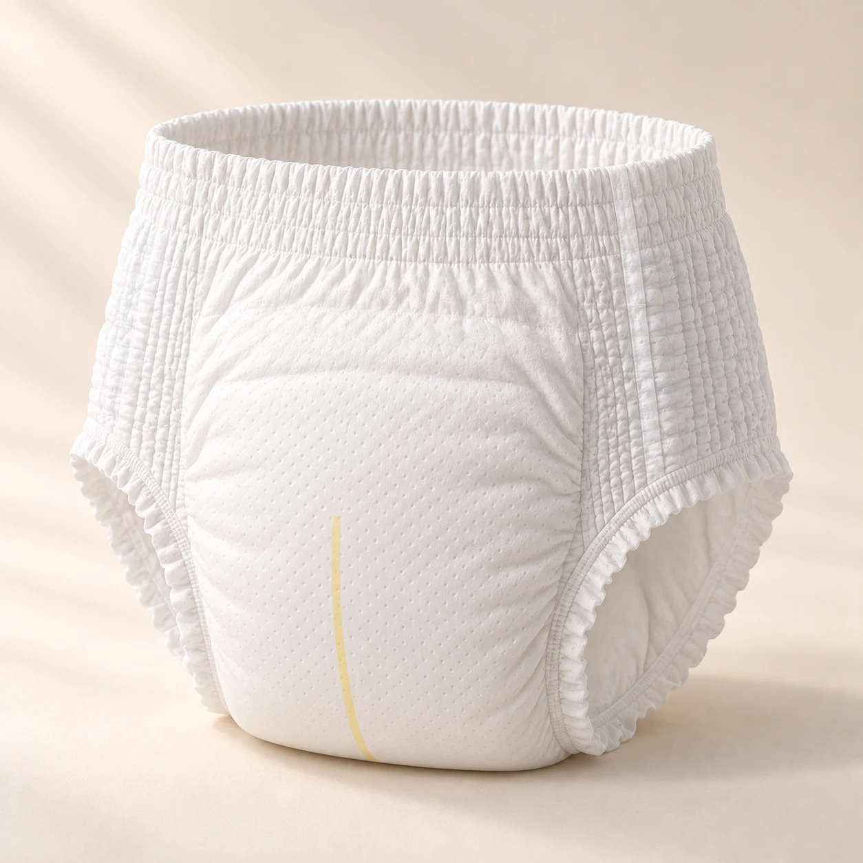 Illustrative adult pull-on incontinence pant with a broad stretch waist, long padded insert and fine yellow wetness line.