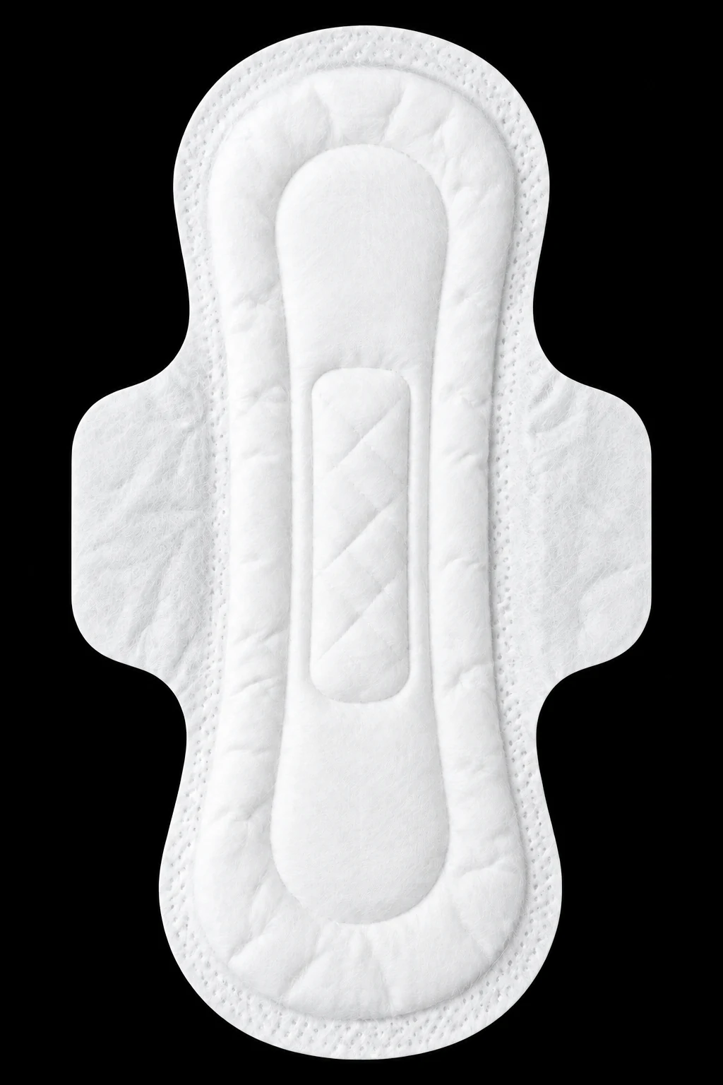 White winged sanitary pad with a soft fibrous surface and pressed channels.